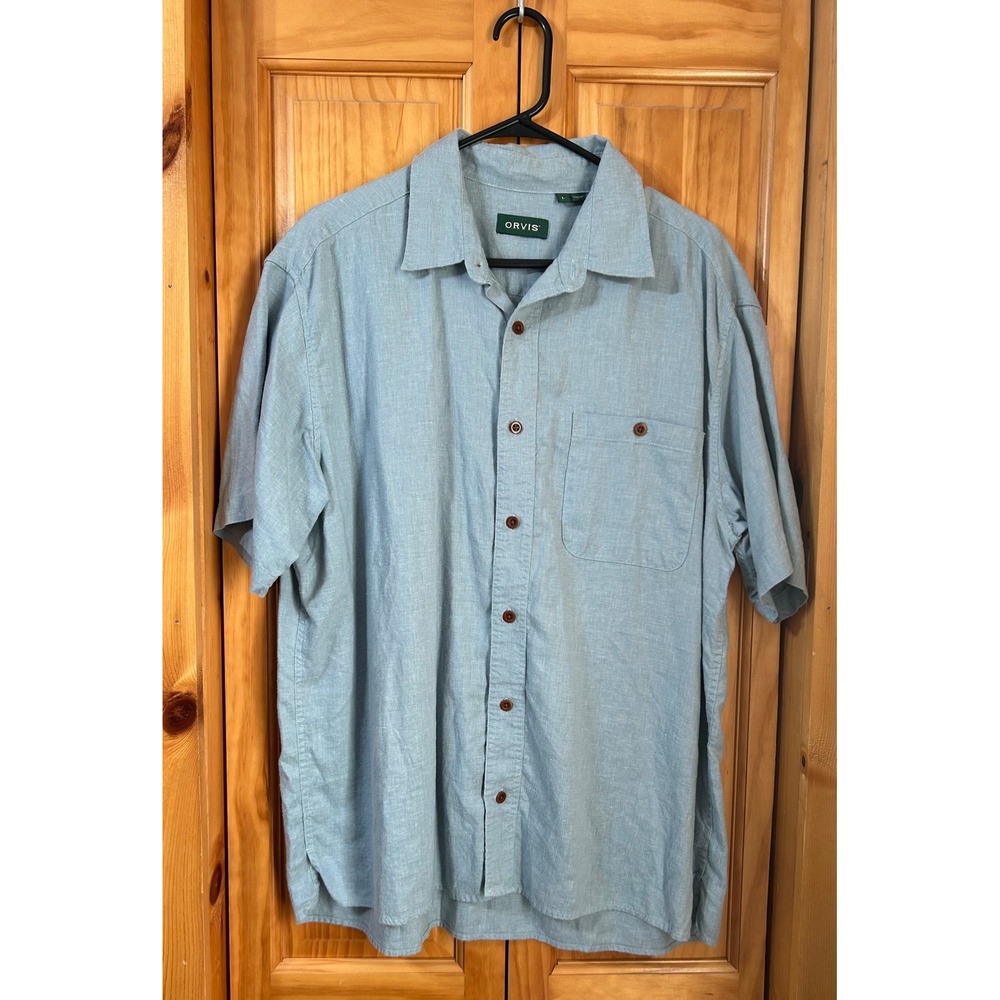 Orvis Mens Large Short Sleeve Button Down‎ Shirt Blue Front Pocket